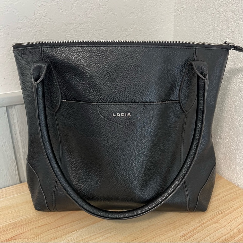 4- LODIS Black Leather large Tote Bag Casual a contemporary Office Work